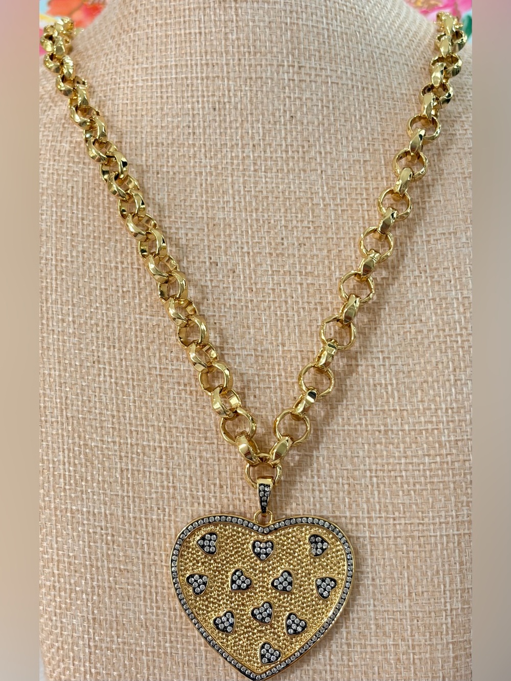 NEW Handmade 18kt Gold Plated Heart Pendant Necklace with Black Pavé Accent 21”